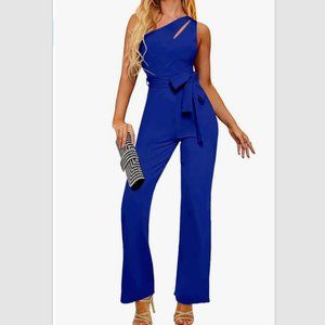 AUXDIO Womens One Shoulder Cutout Wide Leg Jumpsuit w/Belt Sz L -Royal Blue NWOT